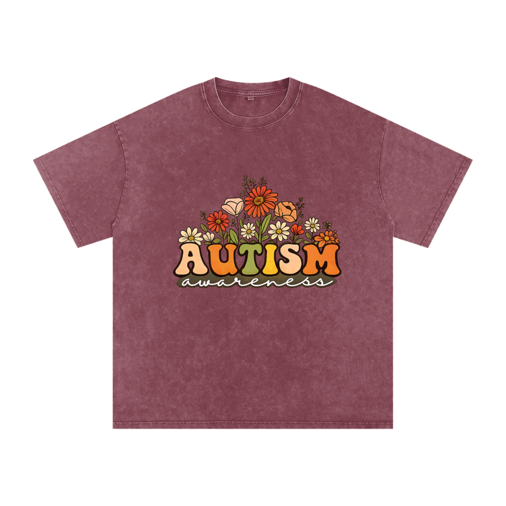 Autism Awareness Floral Snow-Washed Oversized T